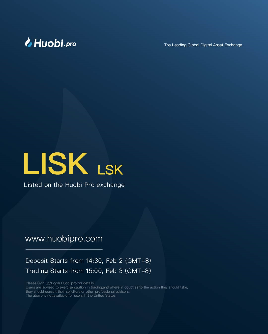 Huobi Pro Launches LISK(LSK) on 2 February 2018 (GMT+8)