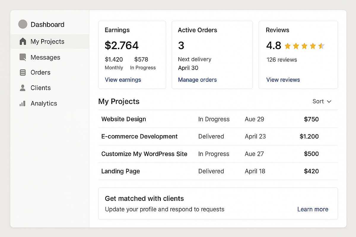 "Illustration of freelance marketplace dashboard for offering digital services online."