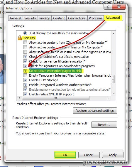 Advanced tab of Internet Settings, choose “Use TLS 1.2”