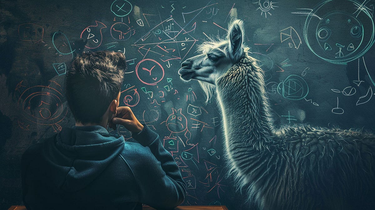 A person and a llama are looking at a chalkboard filled with colorful, abstract drawings and equations. The person seems to be deep in thought.
