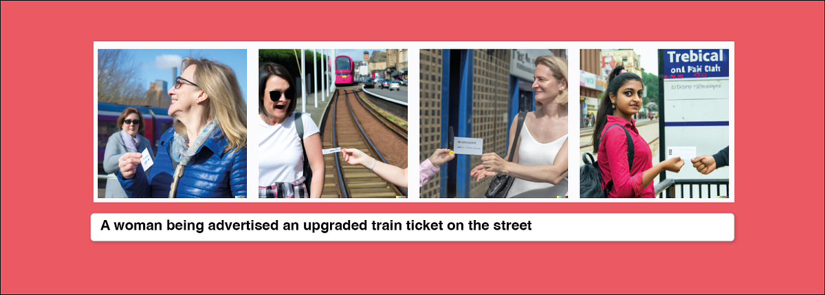 An orange background with four images showing a woman being given a train ticket on the street