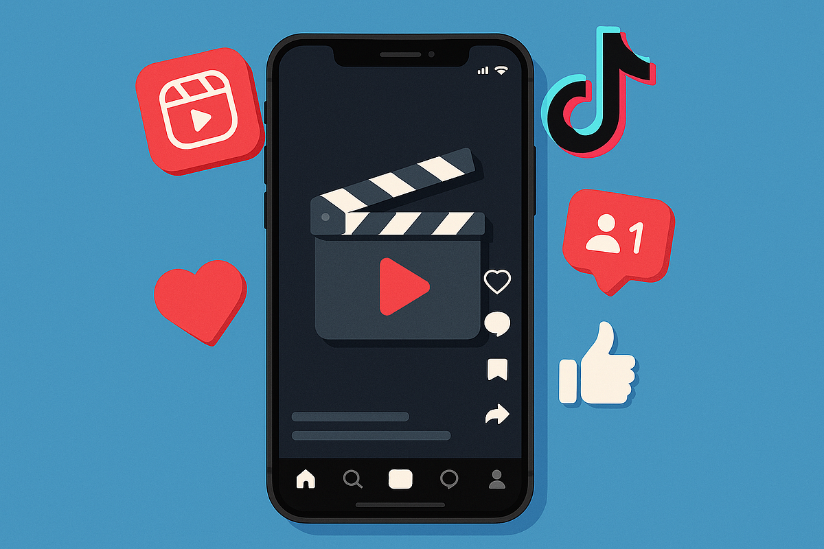 Short-form video marketing graphic showing social media engagement.