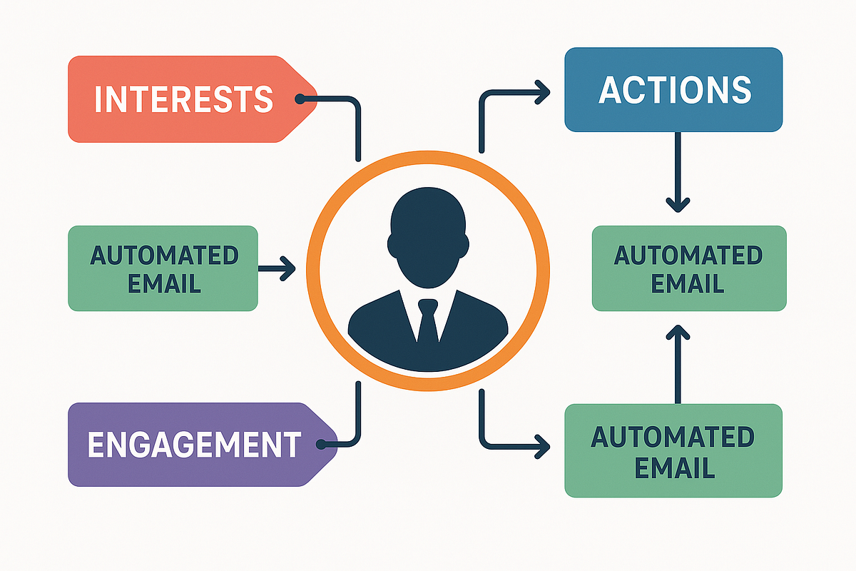 “Diagram showing user profile with multiple tags connected to automated email sequences.”