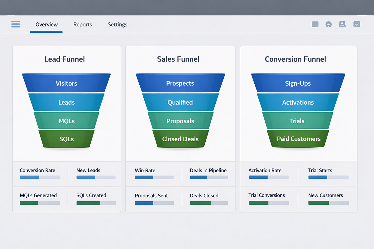 Single analytics dashboard showing performance across multiple sales funnels
