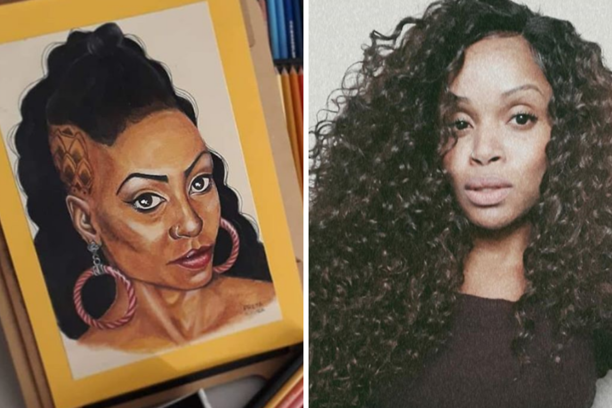 Imagem dividida em duas. De um lado, uma pintura de um busto feminino negro. do outro, a foto da própria artista