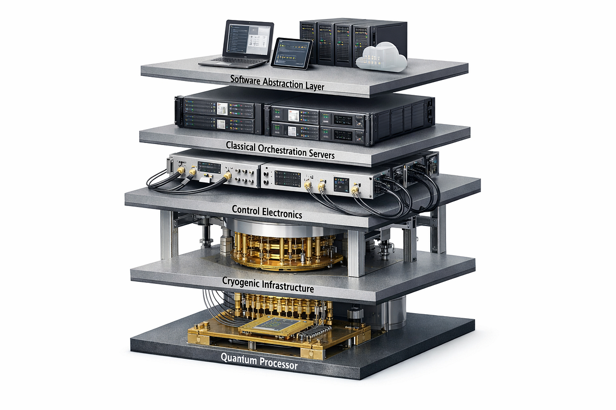 Layered architecture of a quantum computing system showing the quantum processor, cryogenics, control electronics, and classical orchestration layers.
