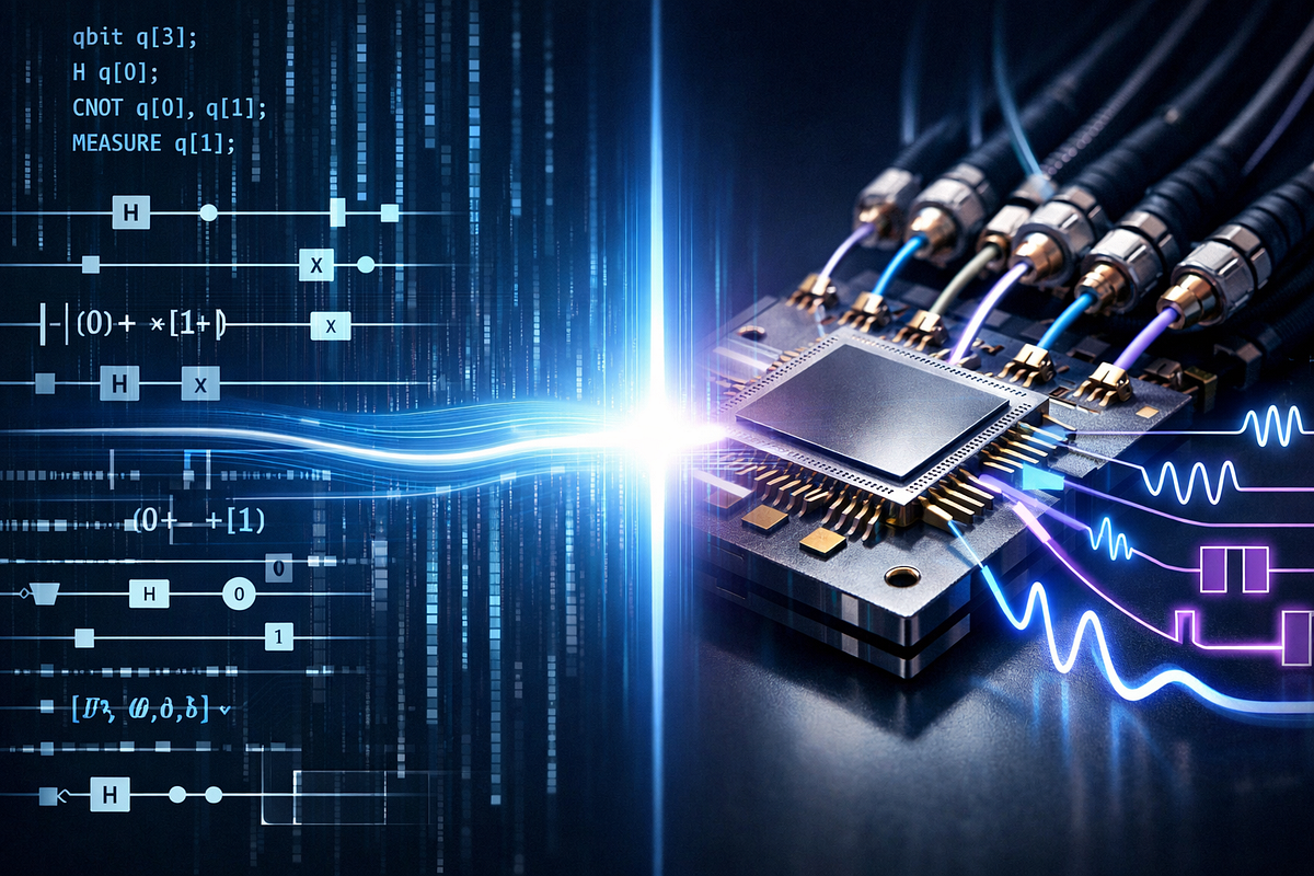 Visualization of quantum software translating into hardware control signals that operate a quantum processor.