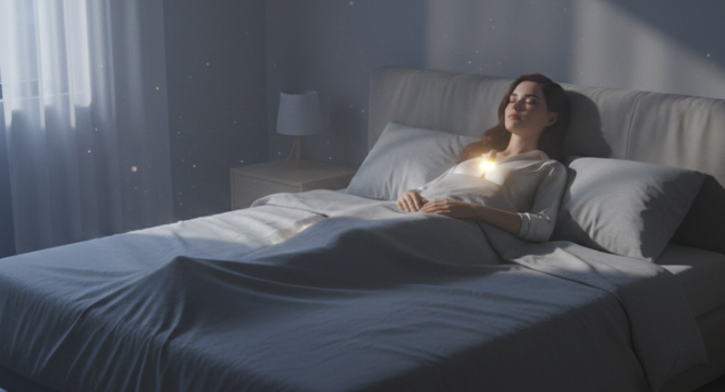 Woman laying in bed with eyes closed and golden light shining on her chest.