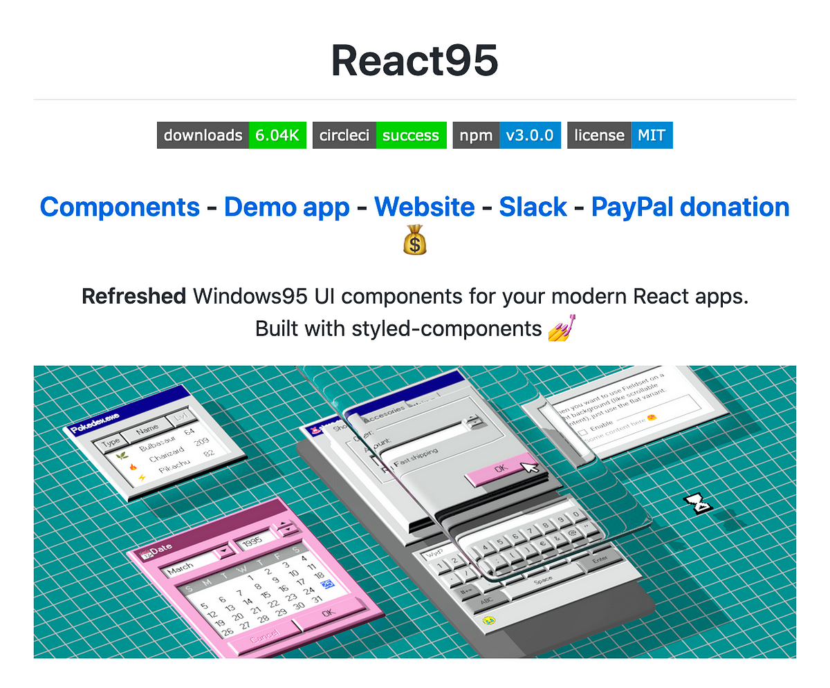 Screenshot of home page of React95 on GitHub