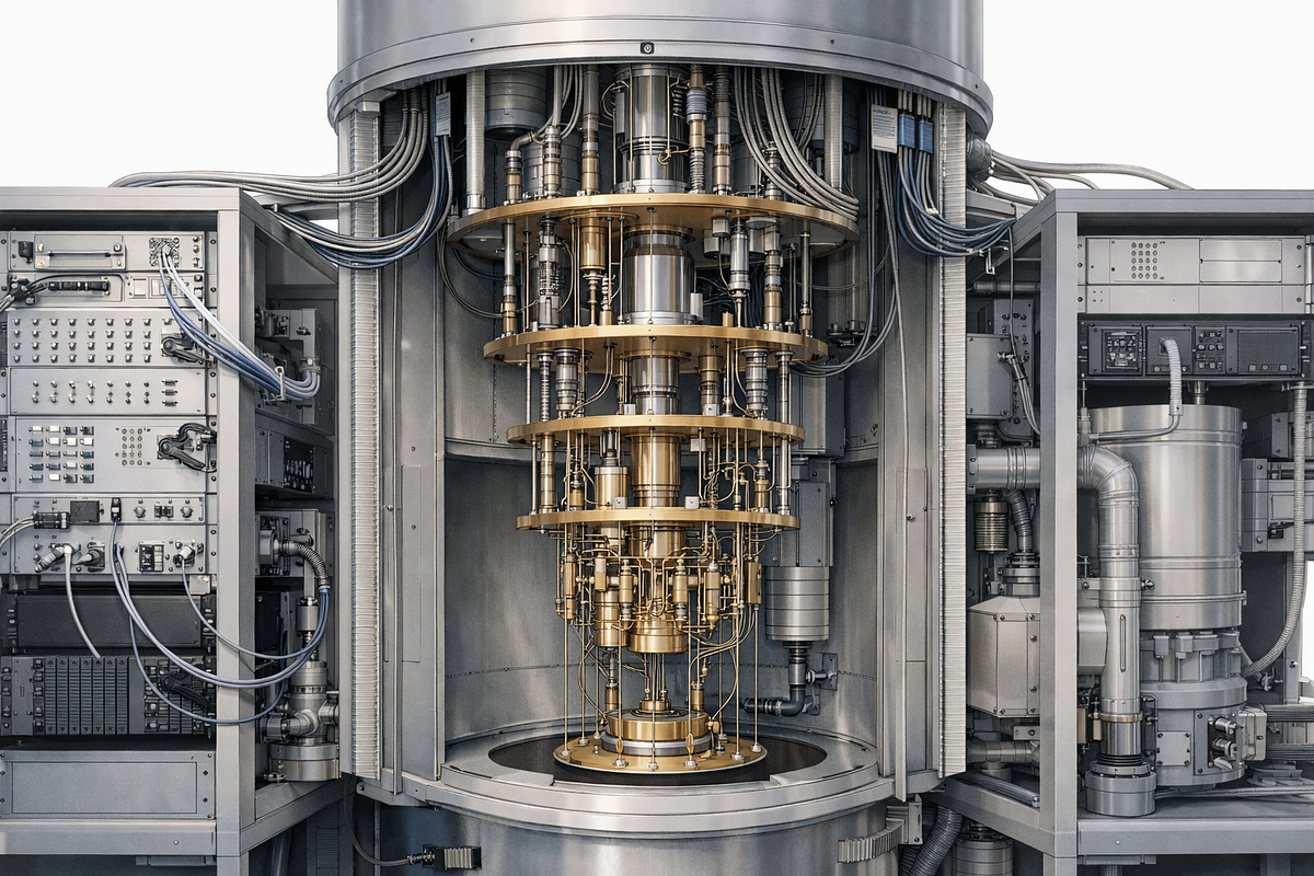 Cutaway illustration of quantum computing cryogenic infrastructure and control electronics supporting a quantum processor.