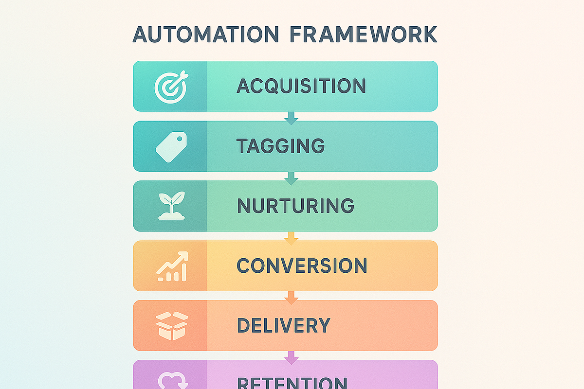 “Infographic outlining the six layers of a complete email marketing automation framework.”