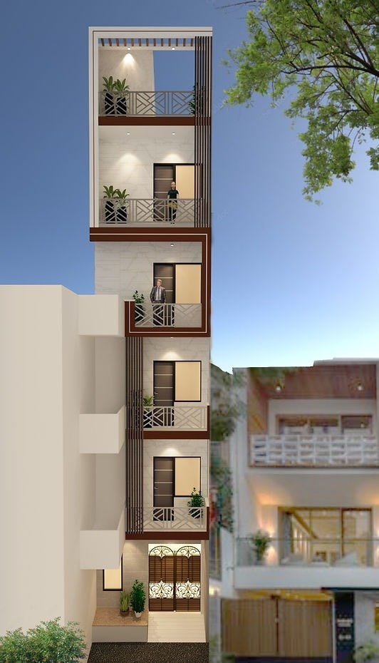 A contemporary multi-storey home with clean lines, ambient lighting, and stylish balconies — a fine example of urban elegance by bestinteriordesignersinnoida. This design captures the sophistication and space-smart planning that leading interiordesignersinnoida and interiordecoratorsinnoida bring to modern city homes.