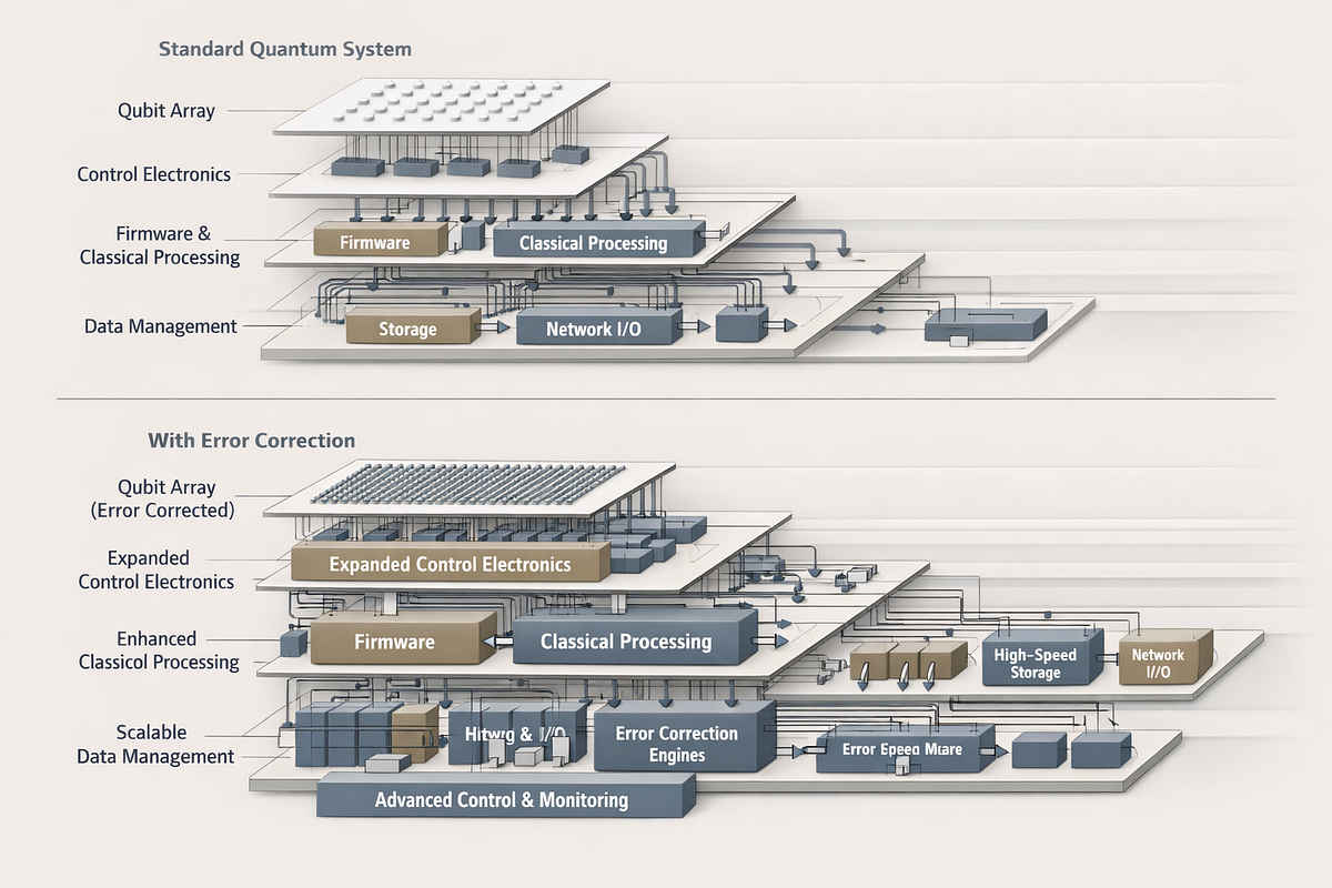 System-level diagram showing how quantum error correction increases complexity across hardware, control, firmware, and classical processing layers.