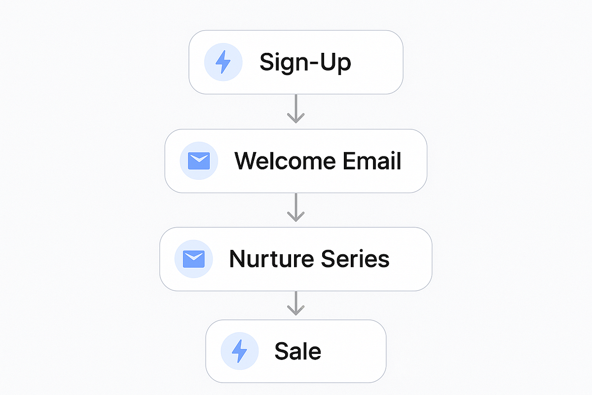 “Email automation flow created in FunnelCockpit showing customer journey from sign-up to sale.”