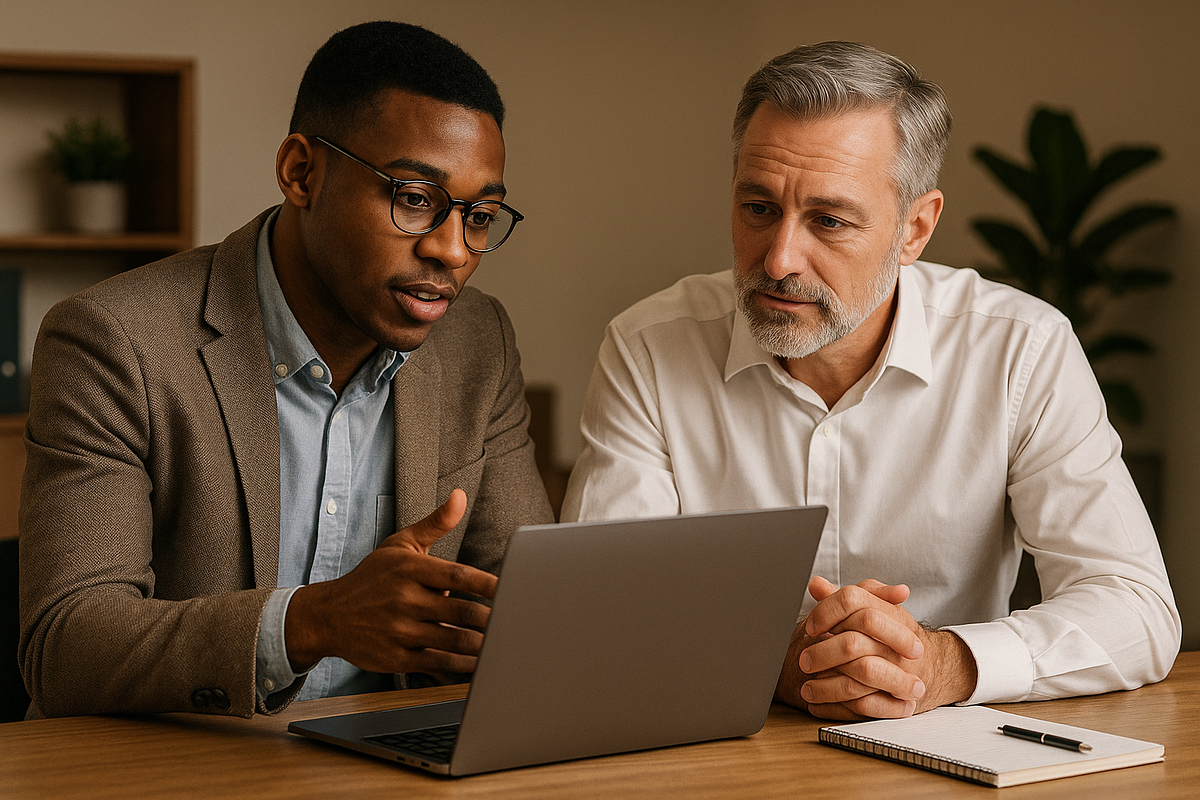 “Marketing automation specialist consulting with a client about optimizing email workflows.”