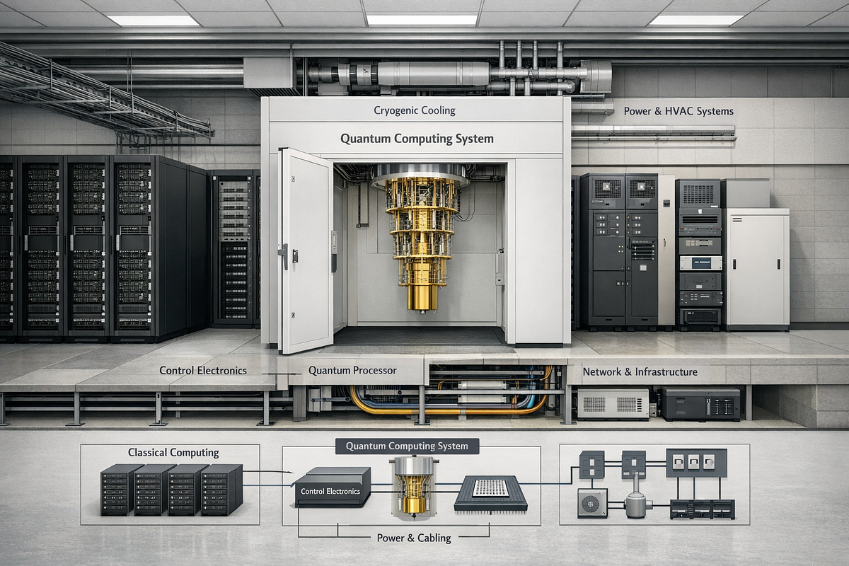 Quantum computing system integrated into a modern data center environment as part of a larger computing platform.