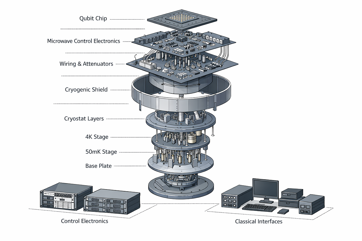 System-level view of quantum computing infrastructure highlighting control, wiring, and scaling complexity.