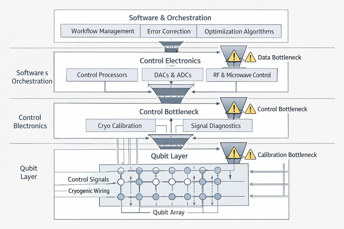“Quantum computing architecture diagram highlighting control, calibration, and software layers as primary scalability bottlenecks.”