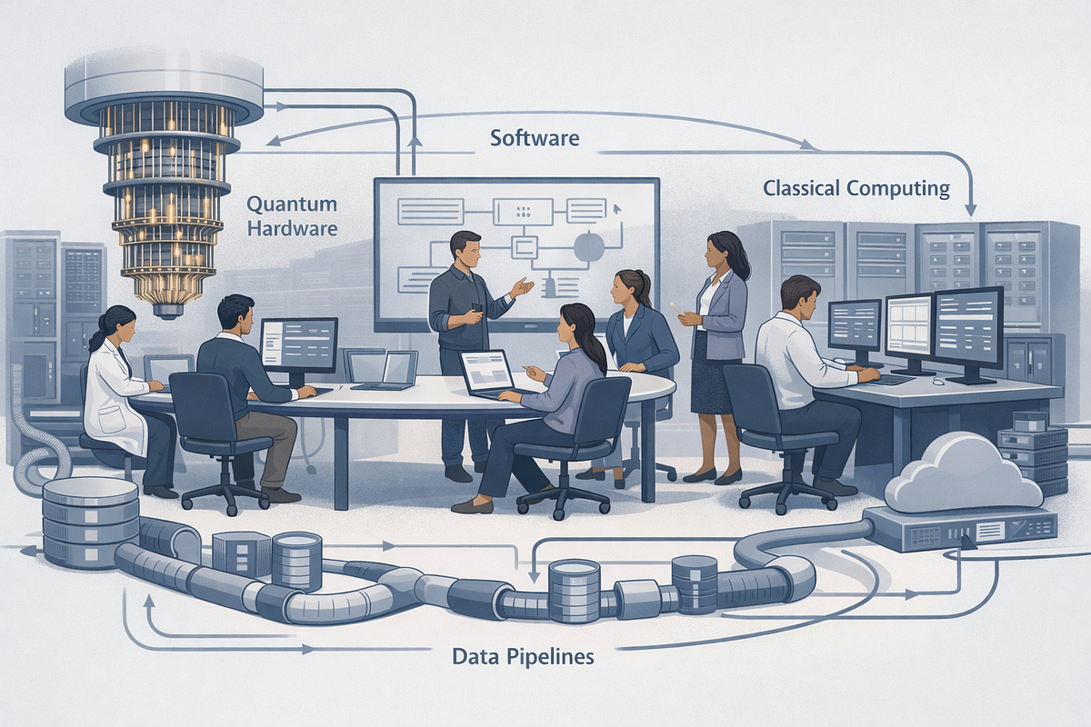 Illustration representing the quantum computing ecosystem, integrating hardware, software, classical systems, and human expertise.