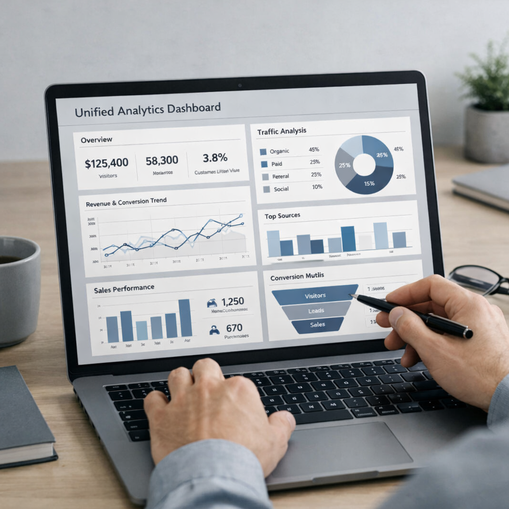 Marketer using centralized funnel analytics dashboard to make confident, data-driven optimization decisions.
