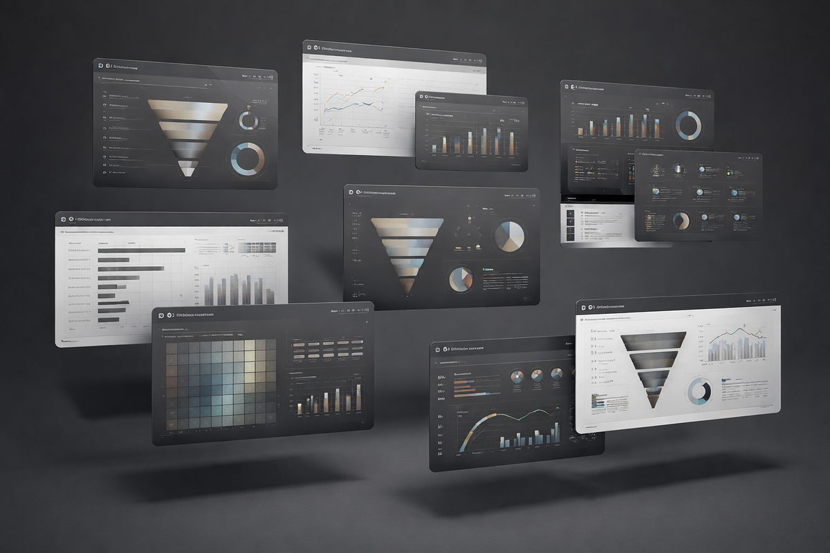 Fragmented funnel analytics across multiple platforms showing lack of centralized conversion visibility.