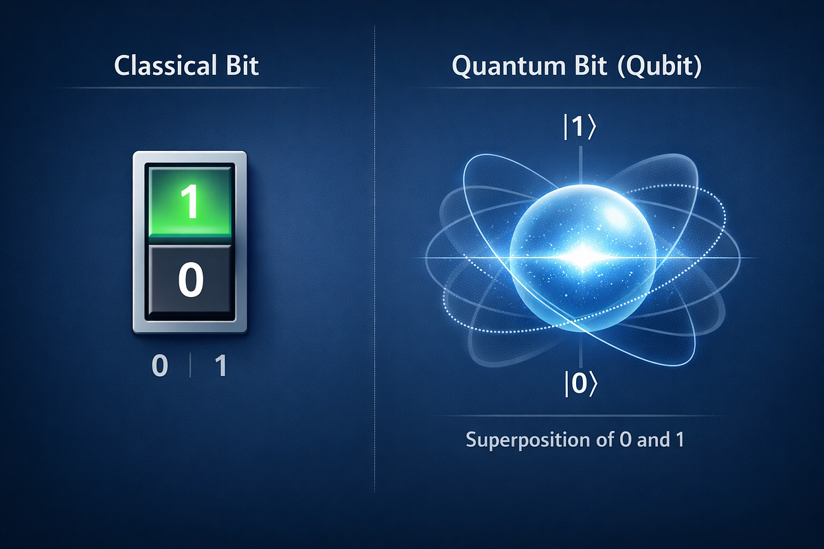 Comparison graphic showing a classical bit with fixed states and a qubit represented as a probability-based state.