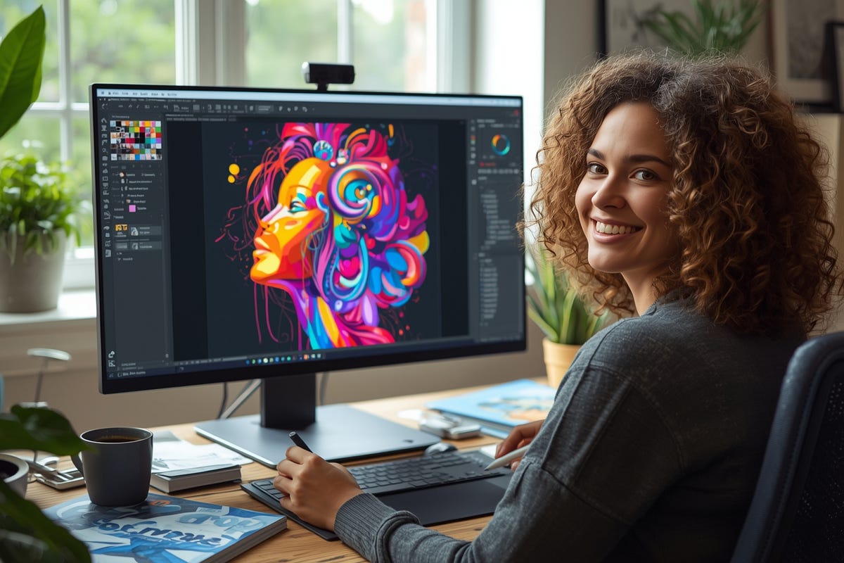 AI art creator uploading visuals to stock platforms for passive income.