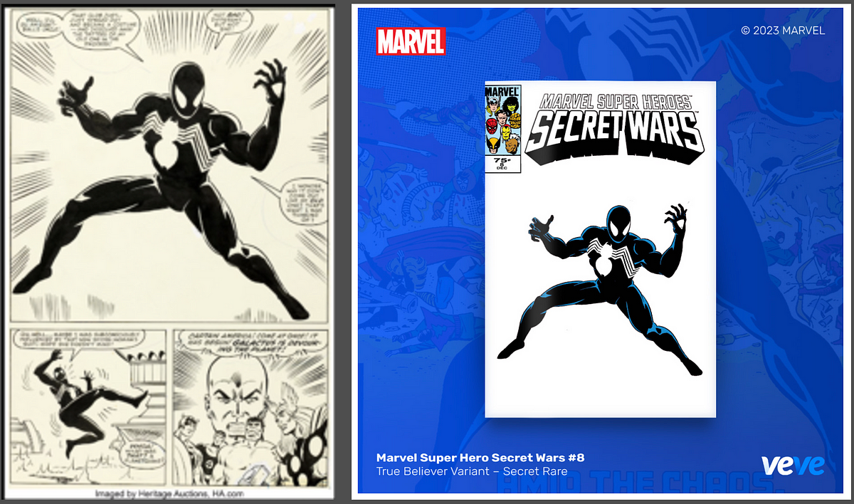 Mike Zeck Marvel Super-Heroes Secret Wars #8, Page 25, Black Costume / Venom Original Art, with VeVe Digital Collectibles Secret Wars #8 “Secret Rare” Variant Cover Edition: https://comics.ha.com/itm/original-comic-art/story-page/mike-zeck-and-others-marvel-super-heroes-secret-wars-8-story-page-25-black-costume-venom-original-art-marvel-19/a/7266-91029.s?ic4=OtherResults-SampleItem-Thumbnail-022817&tab=ArchiveSearchResults-012417