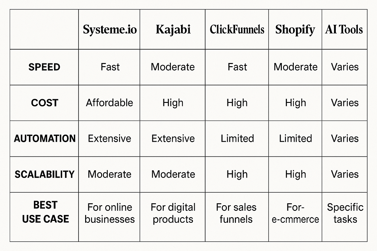 “Comparison chart visualizing features across popular 1-click business platforms.”