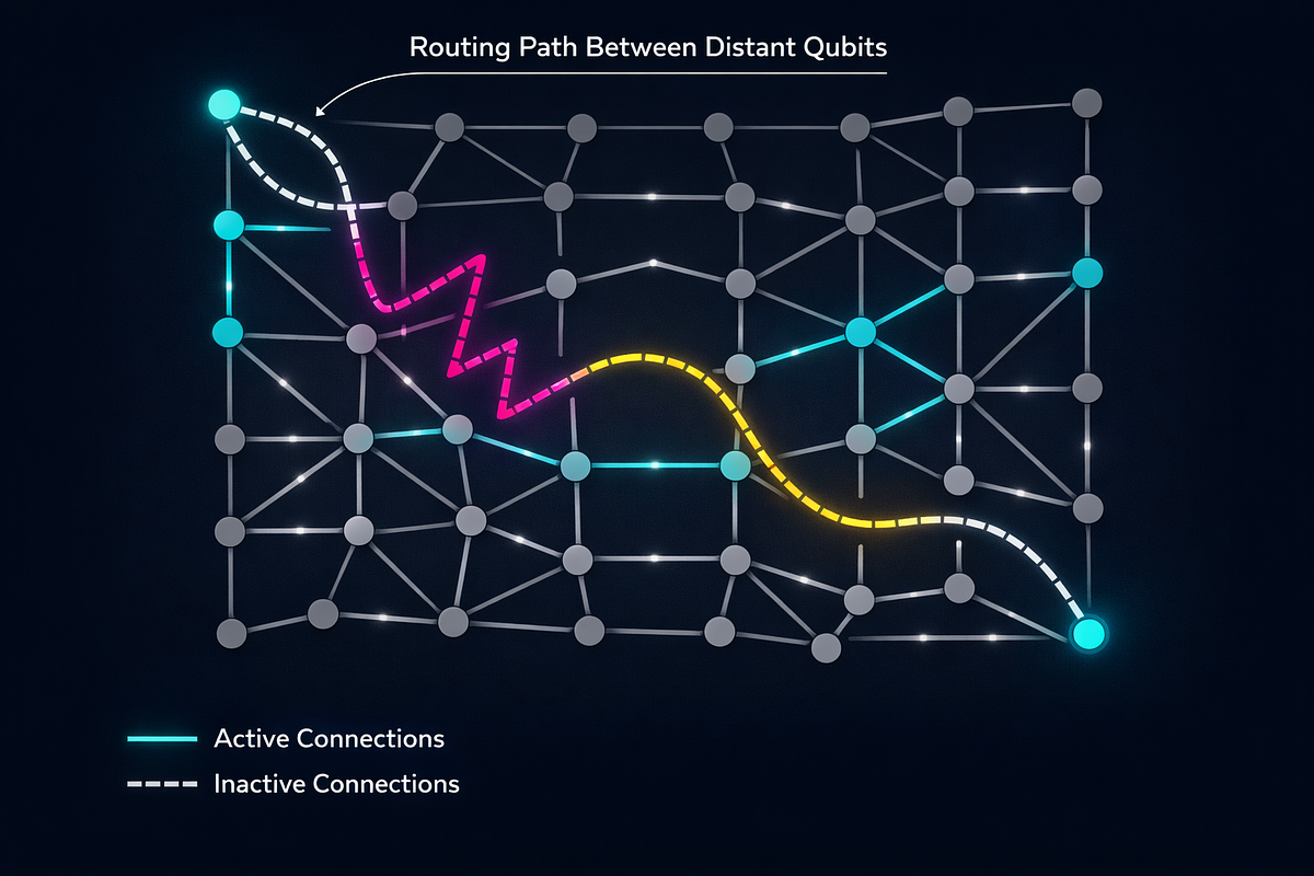 Visualization of limited qubit connectivity on a quantum chip requiring extra routing between distant qubits.