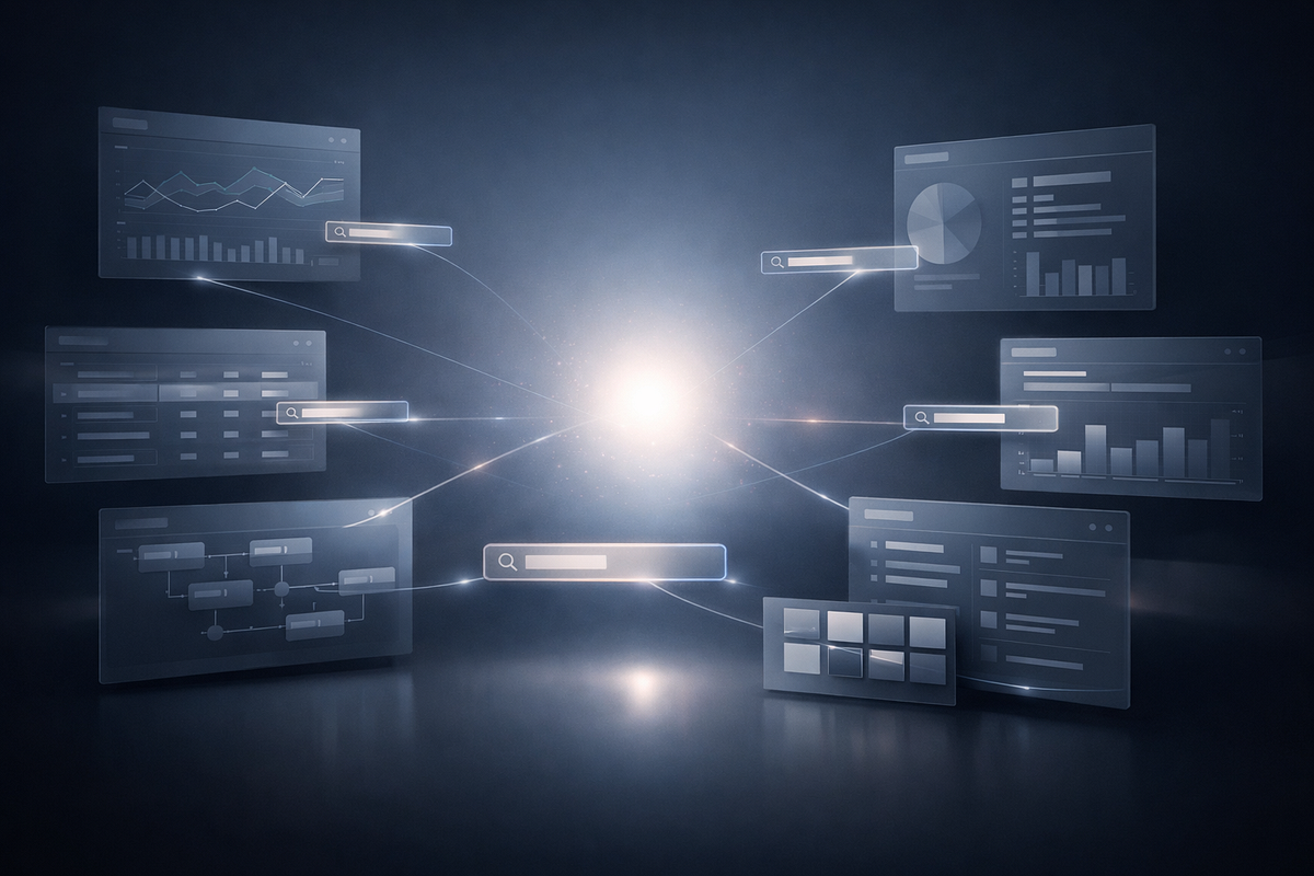 A conceptual visualization of an enterprise software ecosystem, where multiple application interfaces are connected through a central intelligent search layer, represented by a soft glowing core. The image suggests clarity, orientation, and sense-making across complex systems.