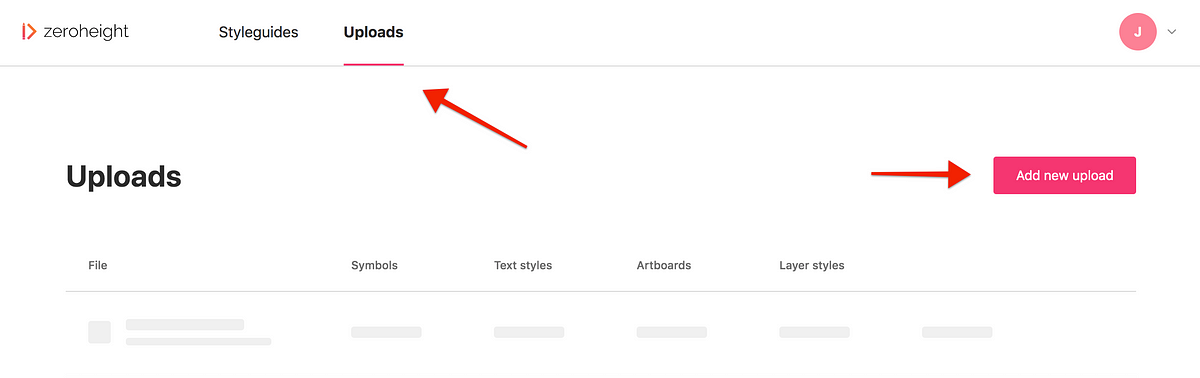 Arrow pointing to Add new upload button and Uploads section in zeroheight