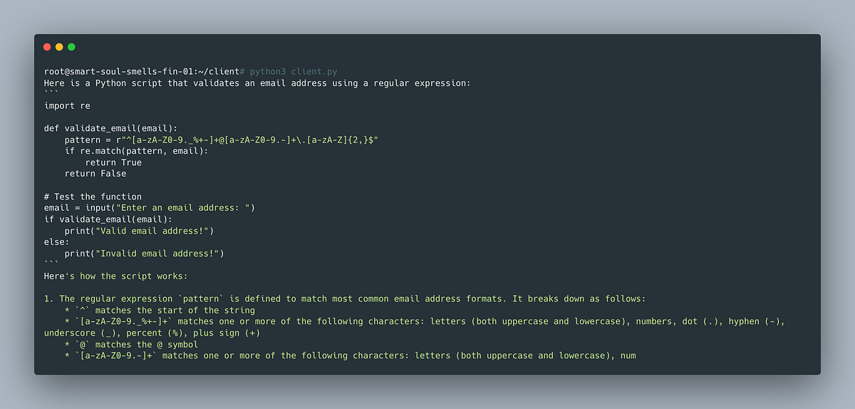 Screenshot of a terminal showing a Python script to validate an email address using a regular expression. The script defines a validate_email function and includes a test case, followed by an explanation of the regular expression components.