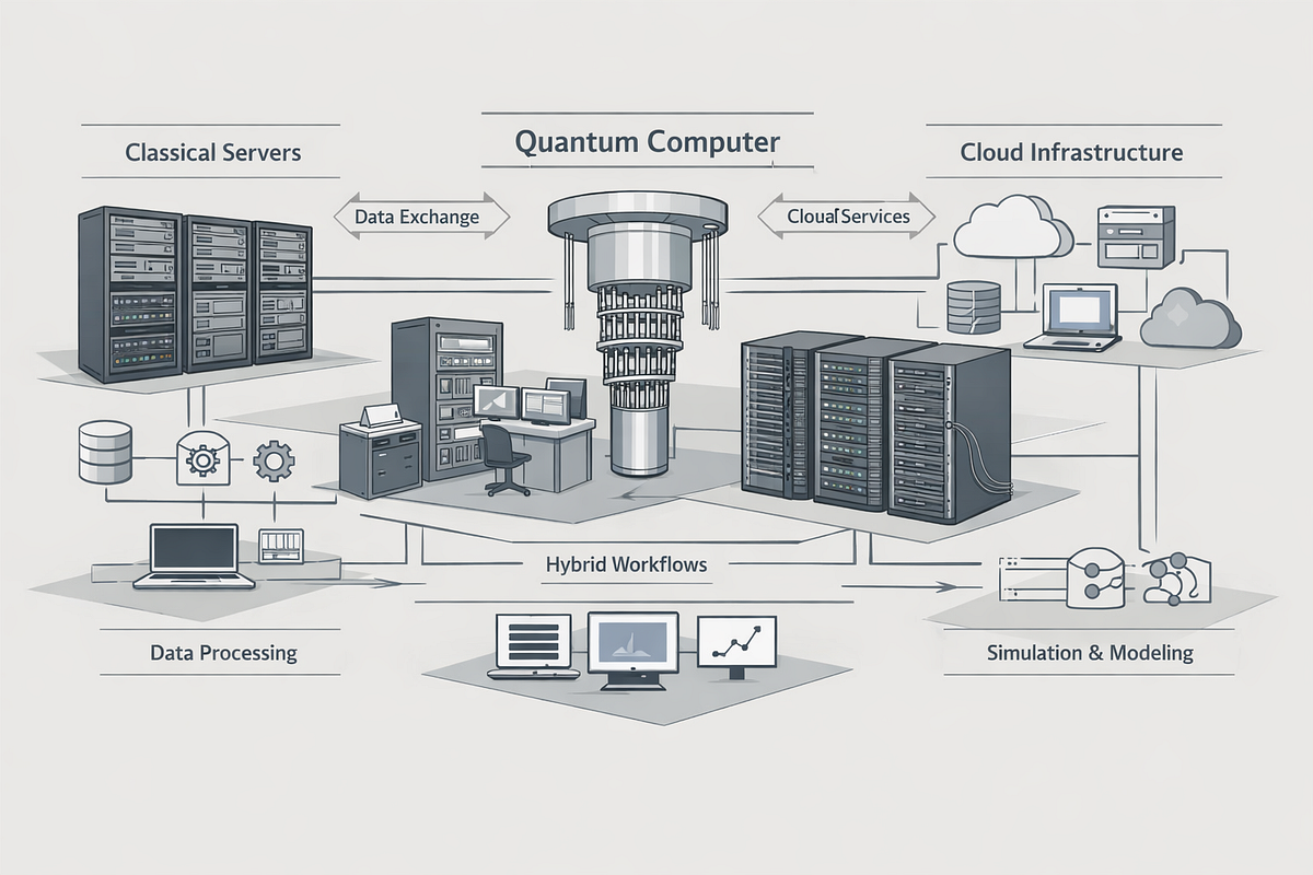 Quantum computing systems integrated with classical and high-performance computing infrastructure in a hybrid computing environment.