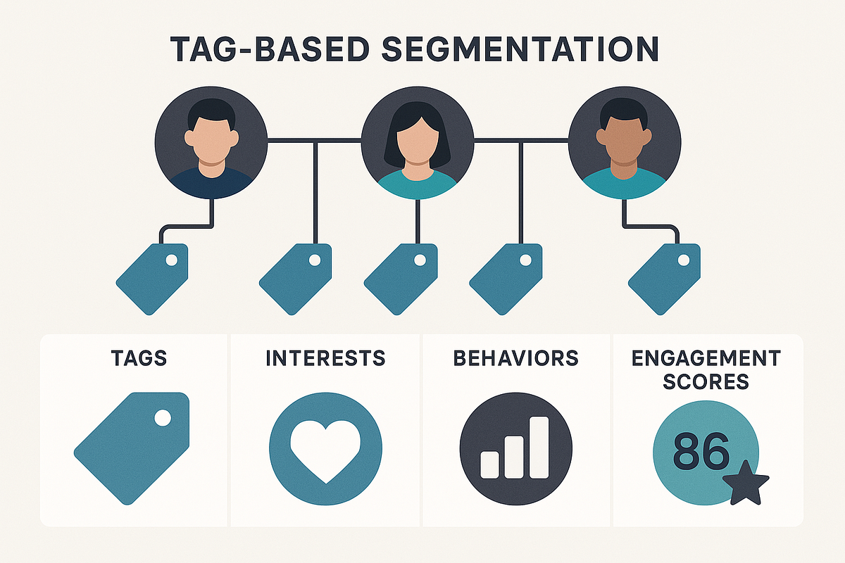 Infographic showing how subscriber profiles branch into tags and segmentation categories.
