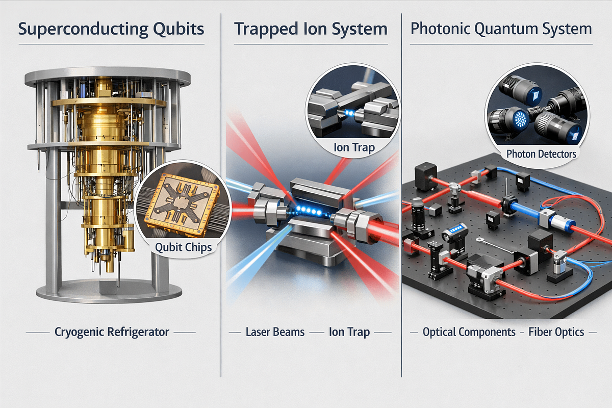 Three-panel illustration comparing superconducting, trapped ion, and photonic quantum computing hardware systems.