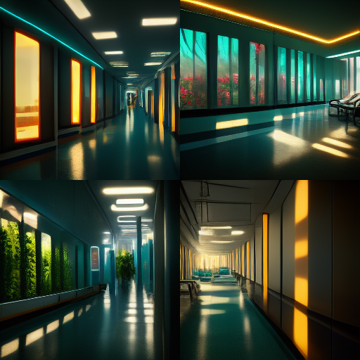 4 visions of a futuristic hospital that includes plants, long corridors and light shining on the floor
