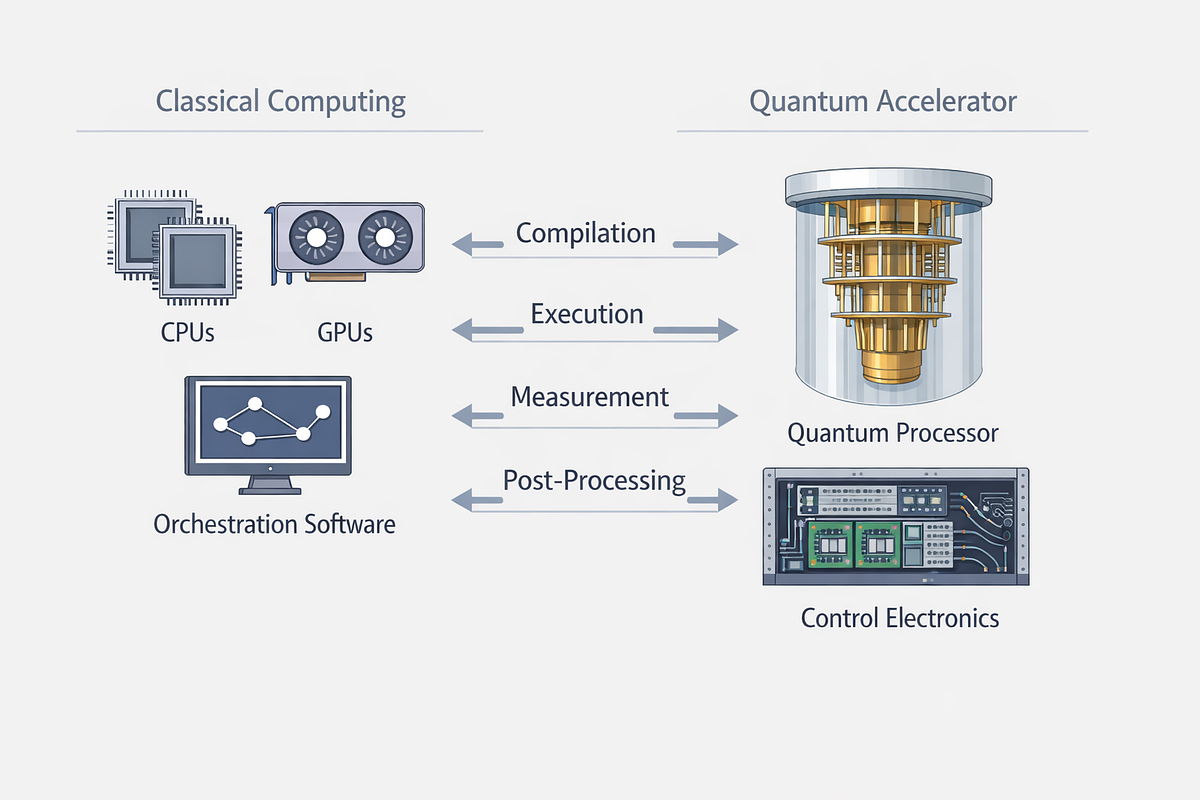 Architectural illustration of a hybrid classical–quantum computing system where a quantum processor acts as an accelerator controlled by classical computers.