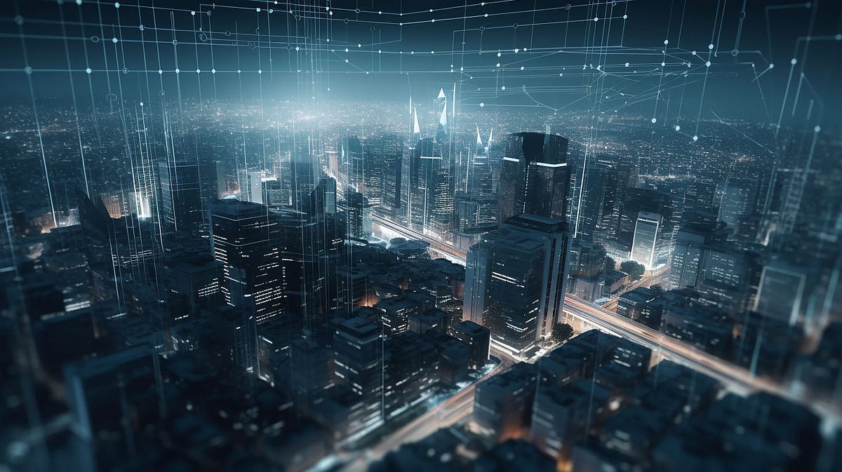 A futuristic city scape showing several communication lines.