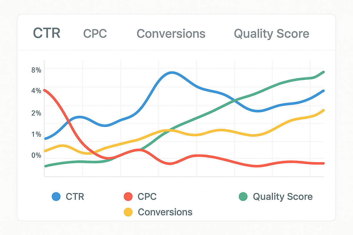 PPC analytics dashboard visual showing CTR, CPC, conversion rate, and Quality Score trends.