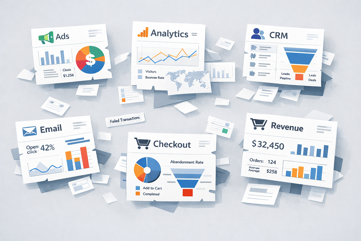 Fragmented funnel analytics spread across ad platforms, analytics tools, CRMs, and spreadsheets.