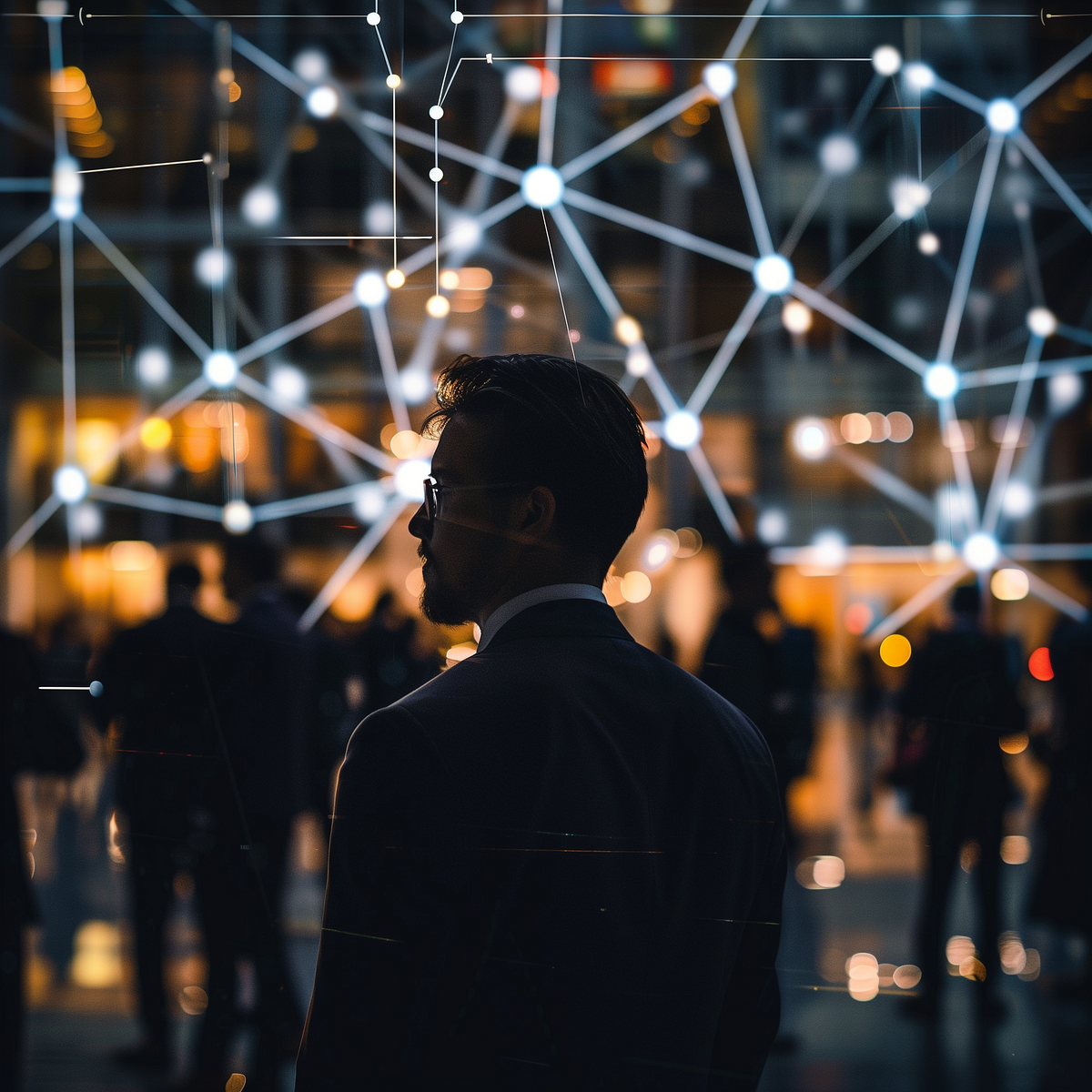 Bussiness man with a lot of people in the background blurred and white lines and dots symbolizing networking.