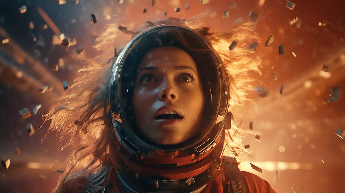 An image of a woman in a space suit look suprised while all kinds of particles float araound.