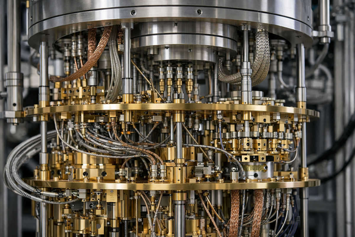Close-up view of quantum computing hardware illustrating the complexity and limitations of NISQ-era systems.