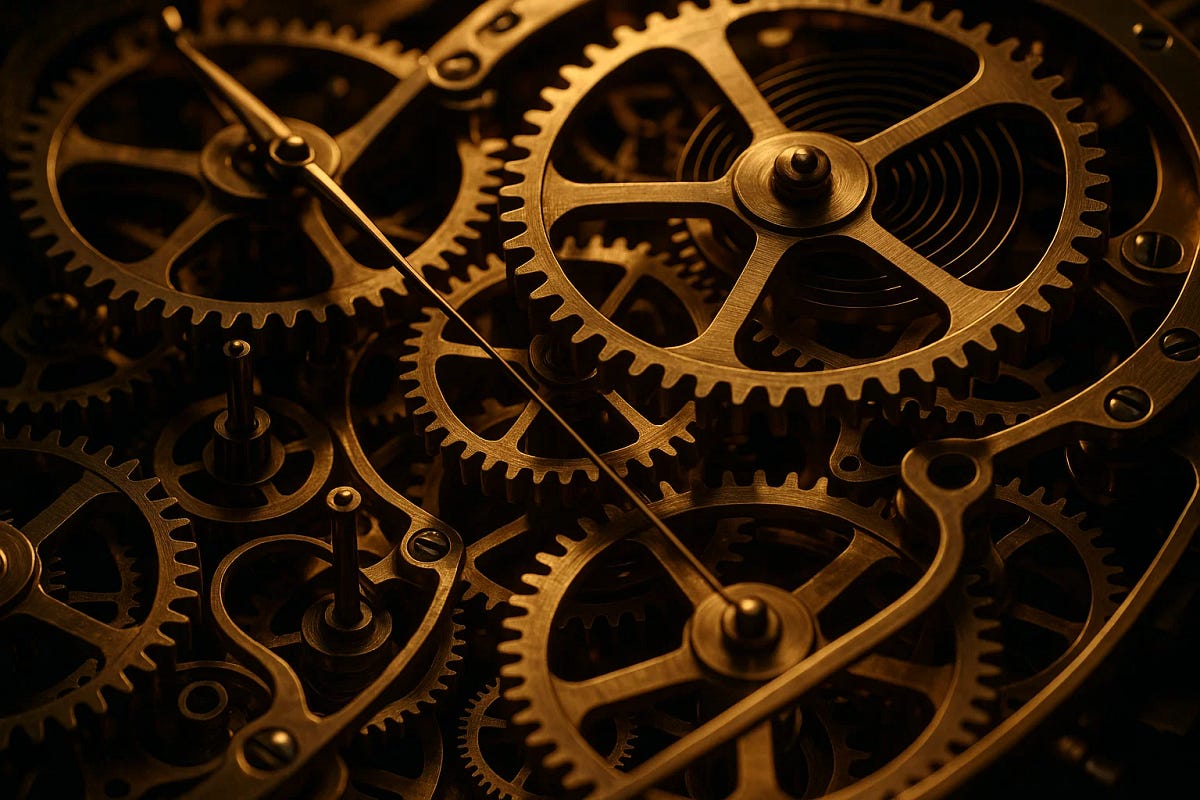 Close-up of interlocking golden clockwork gears, highlighting the intricate beauty of mechanical complexity.