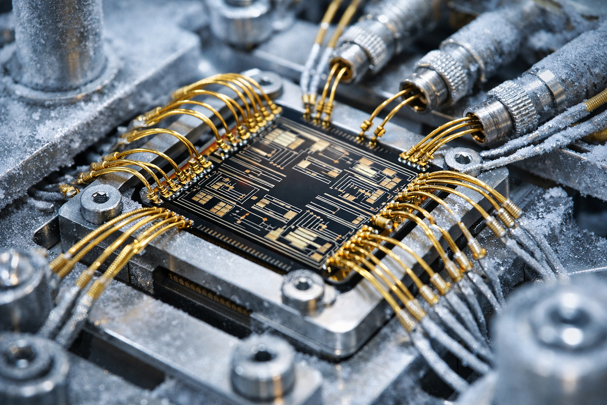 Close-up of a superconducting quantum processor with dense control wiring inside a cryogenic stage.