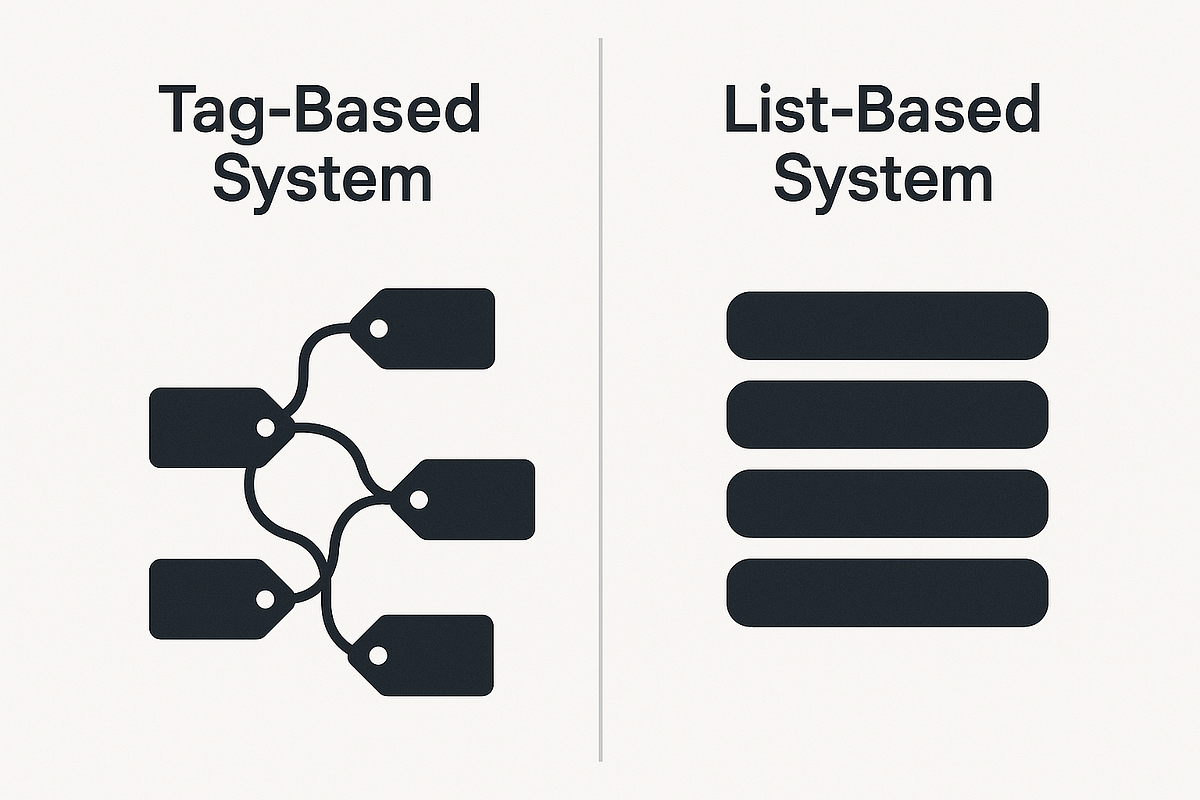 “Comparison graphic illustrating the difference between tag-based email systems and list-based systems.”