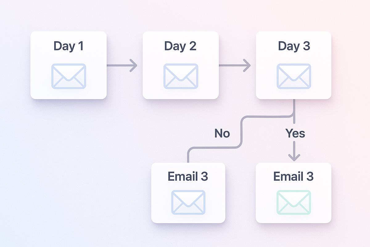 “Timeline visualizing a multi-day email automation sequence with branching paths.”