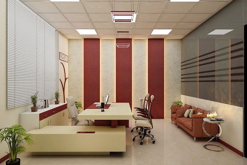 A modern executive office designed by ArchitectsHive, featuring sleek furniture, ambient lighting, and a warm red-beige color scheme. With thoughtful space planning and elegant detailing, this interior reflects the expertise of one of the best interior designers in Gurugram. ArchitectsHive continues to redefine professional environments as top interior decorators in Gurugram and a trusted interior designer in Gurugram for commercial spaces.