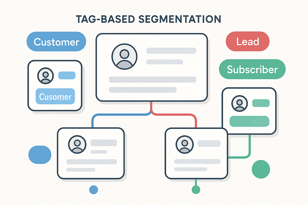 “Visual representation of tag-based email segmentation with color-coded contact tags.”